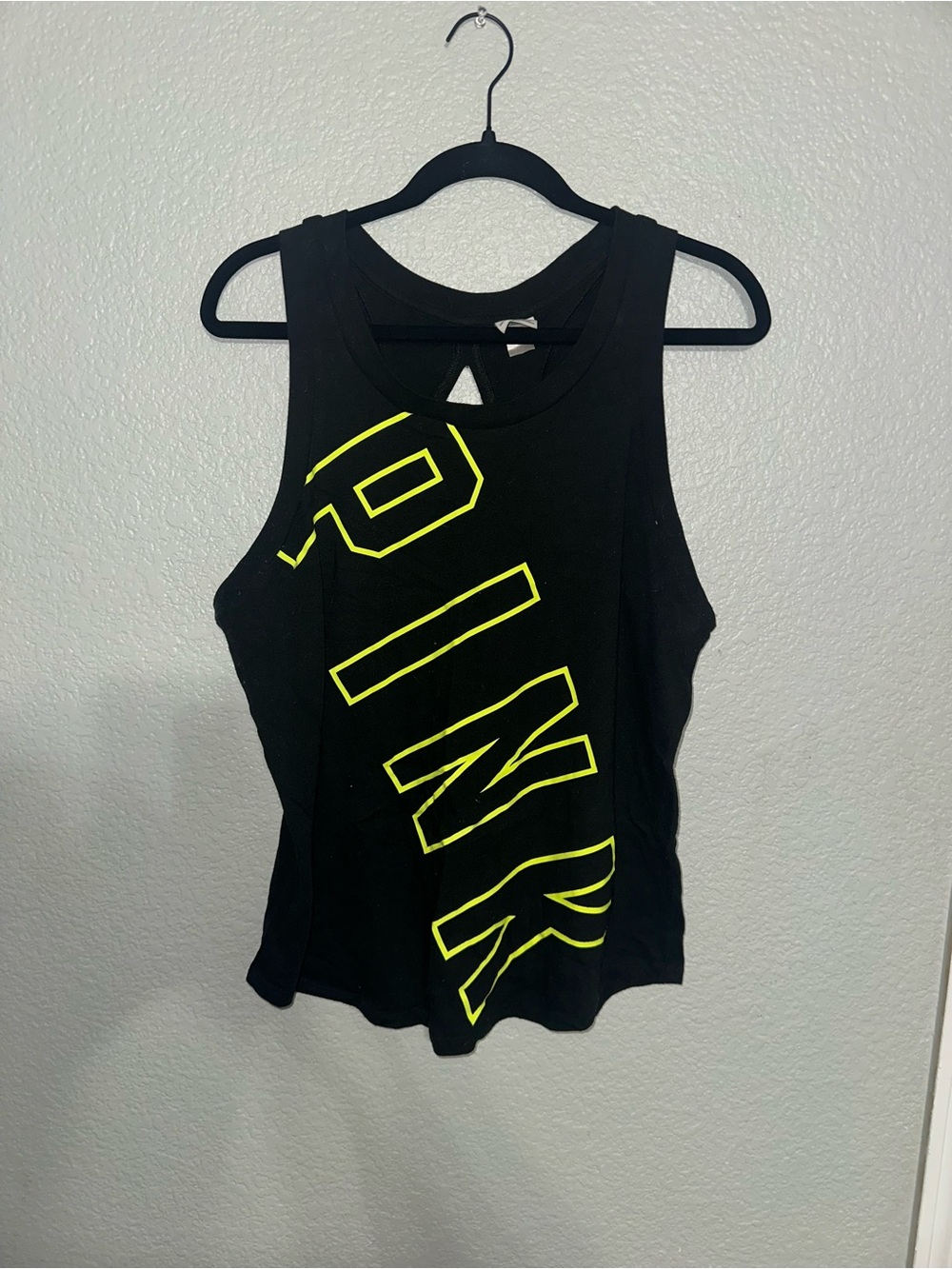 PINK Victoria's Secret Black Open-Back Tank with Neon Yellow Logo